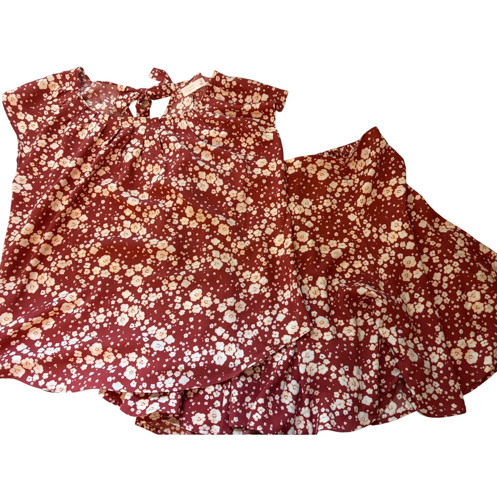 LC Lauren Conrad Floral 2 Piece Set Burgundy Red Top and Skirt Med Large Ditsy